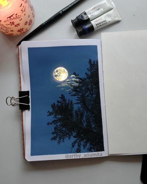 Moonlight Painting in Gouache Christmas Gouache Paintings, Guache Paintings Ideas, Moon Paintings, Painting Moonlight, Painting Journal, Sky Art Painting, Art Tutorials Watercolor, 2023 Art, Watercolor Paintings For Beginners