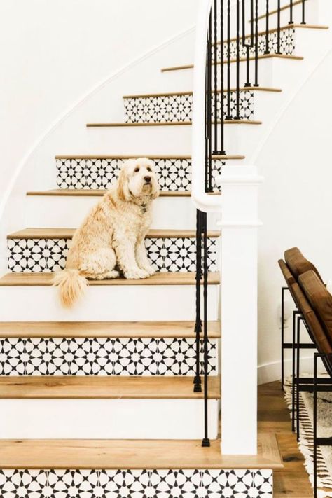 Modern Farmhouse Staircase, Mediterranean Staircase, Farmhouse Staircase, Farmhouse Stairs, Tiled Staircase, Greige Design, White Stairs, Staircase Makeover, Tile Stairs