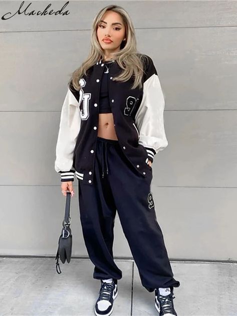 Black Baseball Jacket Outfit, Black Baseball Jacket, Baseball Jacket Outfit, Jacket Outfit Women, Christmas Dress Women, Baseball Uniforms, Coat Autumn, Cheap Jacket, Jackets Women