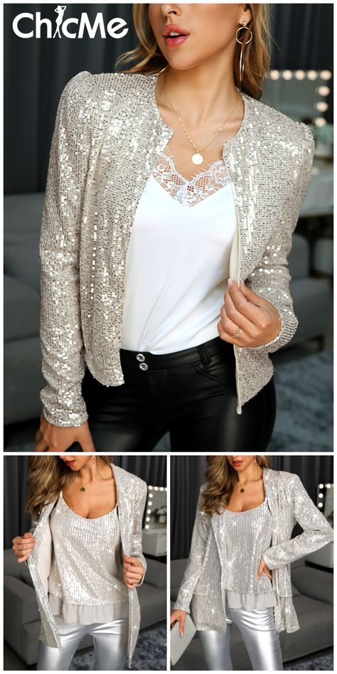 Sequin Plus Size Top, Sequin Vest Outfit, Sequin Bomberjack Outfit, Crop Tops Shirts, Glitter Jacket, Sparkly Outfits, Sequin Vest, Women Church Suits, Glam Outfit