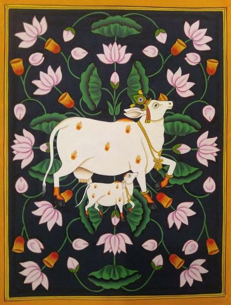 Kartik Purnima, Cow And Calf, Mughal Art Paintings, Madhubani Paintings, Kerala Mural Painting, Pichwai Paintings, Tanjore Painting, Madhubani Art, Cow Painting