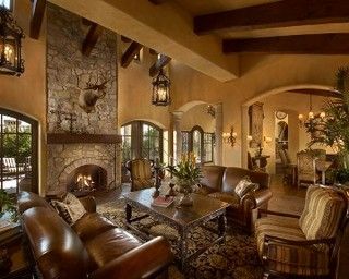 Floor to ceiling stone fireplace Old World Tuscan Design, Old World Living Room, Mediterranean Style Interior, Tuscan Home Decorating, Tuscan Living Rooms, Style Toscan, Mediterranean Styles Interior, Mediterranean Living Room, Italian Living Room