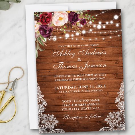 Rustic Wedding Wood Lights Lace Floral Invite Lace Watercolor, Wood Lights, Lace Invitations, String Lights Wedding, Botanical Wedding Invitations, Country Wedding Invitations, Winter Wedding Invitations, Lace Wedding Invitations, Wedding Invitations Boho