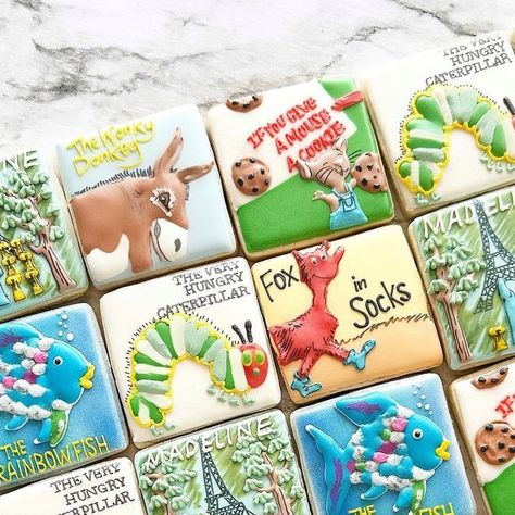 Storybook Baby Shower Cookies, Book Baby Shower Cookies, Story Book Cookies, Book Cookies, Madeline Book, Madeline Cookies, First Birthday Cookies, Storybook Baby Shower, Bakery Ideas