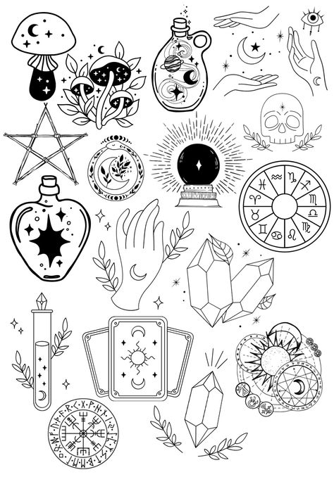 Bujo Witchy Theme, Easy Witchy Doodles, Wiccan Doodles, Witchy Line Drawings, Mystical Drawings Easy, Witchy Things To Draw, Easy Witchy Drawings, Witchy Doodles Simple, Talisman Drawing