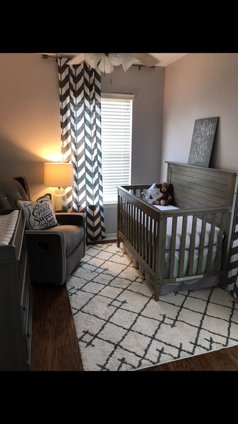 Gray nurserySmall space Small Nursery Room Layout, Gray And Neutral Nursery, Low Budget Nursery, Nursery Apartment Small Spaces, Small Nursery Set Up, Small Gender Neutral Nursery Ideas, Small Room Nursery Ideas Layout, Nursery Layout Small Room, Small Apartment Nursery