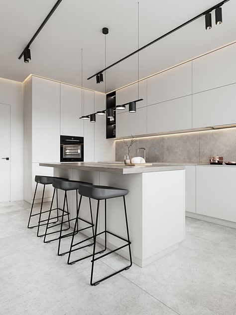 white №3 on Behance Grey Interior Design, Minimalist Kitchen Design, Kitchen Interior Design Decor, White Modern Kitchen, House Design Kitchen, Minimalist Interior Design, Kitchen Room Design, Kitchen Inspiration Design, Kitchen Furniture Design