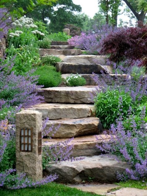 The use of natural materials draws your eyes up the stairs, all the while wondering what awaits at the top. The way it is supposed to be down. Modern Rock, Stone Steps, Garden Stairs, Garden Steps, Landscape Designs, Have Inspiration, The Secret Garden, Garden Pathway, Design Exterior