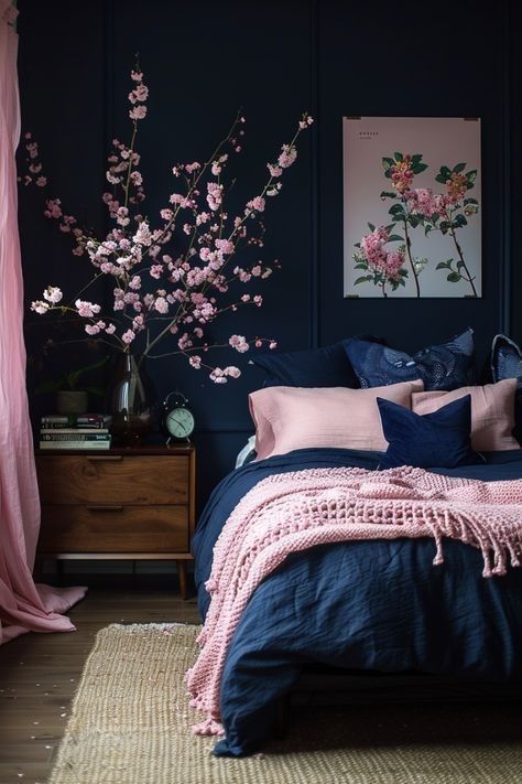 Dark Blue And Blush Bedroom, Bedroom Ideas Colour Scheme, Black And Dusty Rose Bedroom, Feminine Navy Bedroom, Black Floral Bedroom, Pink And Navy Bedroom, Navy And Pink Bedroom, Sonic Bedroom, Pink And Blue Bedroom