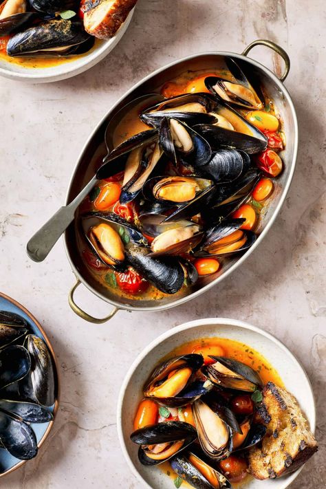 Spicy Maine Mussels with Blistered Cherry Tomatoes, Lemon, and Oregano | Maine Seafood Lobster Festival, Blistered Cherry Tomatoes, Maine Lobster Festival, Maine Seafood, Cherry Tomato Sauce, New England Living, Mussels Recipe, Calabrian Chili, Fish Stew