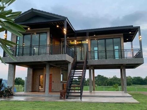 Elevated Container Home, Modern Beach House On Stilts, Stilt House Design, Home On Stilts, Elevated House Design, Stilt House Plans, Cabin On Stilts, House On Stilt, Stilt Home