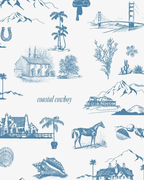 The often imitated Coastal Cowboy western toile print. Why? This is not just any print - to us. To us, this print holds so much meaning. It was made from a multitude of illustrations and brought together to make this beautiful print y’all have loved so so much. When I see our print copied, stolen, imitated, and also made in a specific shade of blue - it’s like a knife to the heart. While “coastal cowgirl” has made its way into the internet world as a viral trend, it didn’t start that way fo... Cowboy Blue Aesthetic, Coastal Cowgirl Widgets, Coastal Cowgirl Background, Costal Cowgirl Wallpapers, Blue Country Aesthetic, Blue Western Aesthetic, Coastal Cowboy Aesthetic, Coastal Cowgirl Wallpaper, Costal Cowboy