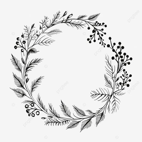 hand drawn christmas wreath circle floral frame with branches black doodle style border leaf wreat How To Draw A Wreath, Christmas Wreath Drawing Simple, Christmas Wreath Drawing, Circle Floral Frame, Doodle Wreath, Ornaments Drawing, Christmas Boarders, Gothic Xmas, Border Drawing