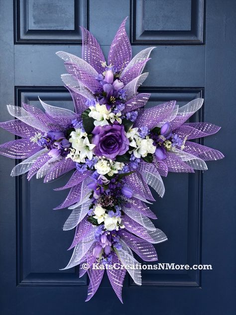 If you’ve always wanted to know how to create this beautiful cross wreath, check out my easy to follow tutorial on YouTube using a Dollar Tree Cross Frame Cross Wreath Diy, Deco Mesh Wreaths Tutorials, Burlap Flower Wreaths, Deco Mesh Wreaths Diy, Purple Easter, Holiday Wreaths Diy, Mesh Wreath Tutorial, Easter Wreath Diy, Easter Spring Wreath