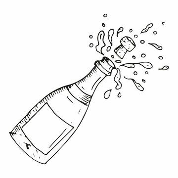 1920 Drawing, Bottle Pouring Drawing, Champagne Drawing, Wine Bottle Drawing Simple, Wine Bottle Doodle, Champagne Illustration, Champagne Bottle Drawing, Champagne Sketch, Champagne Doodle