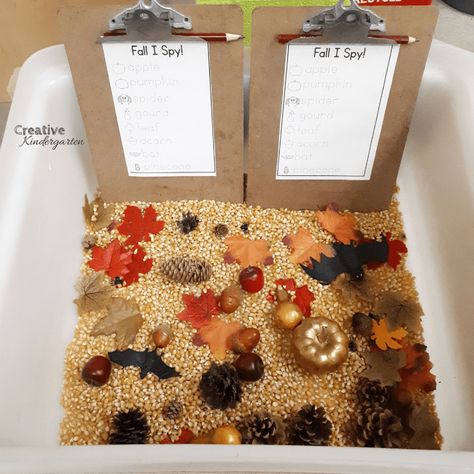 Fall I Spy sensory bin with a free recording sheet to integrate literacy into your sensory bin. (freebie) Fall Science Center, Kindergarten Sensory, Fall Kindergarten Activities, Fall Sensory Bin, Fall Science, Fall Lesson Plans, Fall Centers, Children Songs, Montessori Elementary