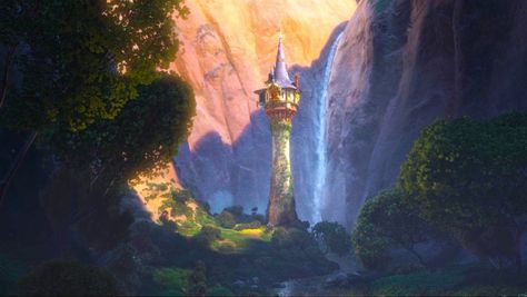 Beautiful landscape of the tower☀️💜 Tangled Castle, Tangled Tower, Tangled Movie, Rapunzel Tower, Tangled 2010, Frozen And Tangled, Disney Wall, Landscape Concept, Disney Tangled