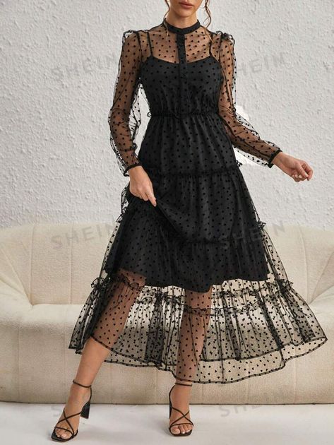 SHEIN USA Loungewear Outfits, Fabric Heart, Mesh Overlay, Ruffle Hem Dress, Fashion Gallery, Women Long Dresses, Long Dresses, Hem Dress, Mesh Dress