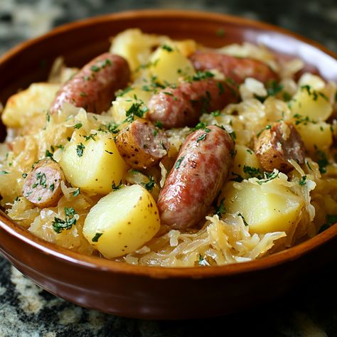 Polish Sausage, Sauerkraut, and Potatoes is a hearty and comforting dish that’s rich in flavor and perfect for those who love a savory, home-cooked meal. The combination of smoky sausage, tangy sauerkraut, and tender potatoes creates a delightful harmony of tastes and textures.       This dish is especially wonderful during the colder months, as it warms you from the inside out. It's a simple yet satisfying recipe that comes together quickly, making it a great option for busy weeknights. If ... Sausage And Sauerkraut Recipes, Smoked Sausage And Sauerkraut, Sauerkraut Sausage And Potatoes, Kielbasa And Potatoes And Sauerkraut, Sausage Potatoes And Sauerkraut, Kielbasa And Potatoes Sauerkraut, Sausage Potato And Sauerkraut, Sausage And Grits Recipe, Sausage Potatoes Sauerkraut