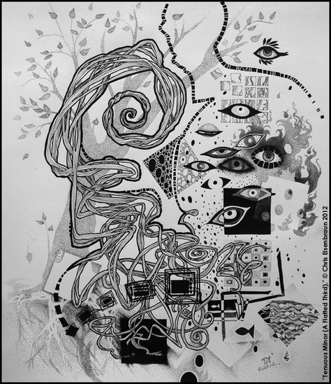 Chris Eisenbraun | Surreal Ink Doodle (2012): "Tenuous Minor (A Flatted Third)." Surreal Ink Art, Surreal Doodles, Drawings Inspo, Pen And Ink Drawings, Fineliner Art, Ink Doodles, Surreal Artwork, Ink Drawings, Flash Art