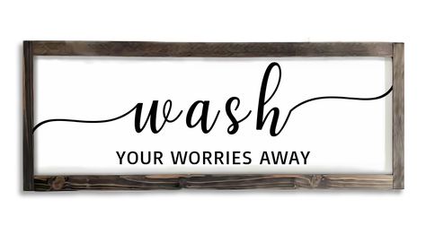 PRICES MAY VARY. Farmhouse Sign : Rustic Framed bathroom wall decor , wood signs with inspirational quotes " Wash Your Worries Away " - wooden texture, farmhouse wood frame, and easy wall hanging plaque. Bathroom Wall Decor Size : The farmhouse sign measures approx. 6.4 x 16.6 inches. Real Frames thickness it's around 0.8 Inches. Real Wood Frame Material : This farmhouse style bathroom decor sign is very strong/sturdy . the frame is made of real solid wood and the letter board is made of MDF, th Wooden Bathroom Wall, Farmhouse Bathroom Signs, Bathroom Decor Signs, Bathroom Farmhouse Style, Wooden Bathroom, Wooden Texture, Bathroom Sign, Wall Hanging Art, Inspirational Signs