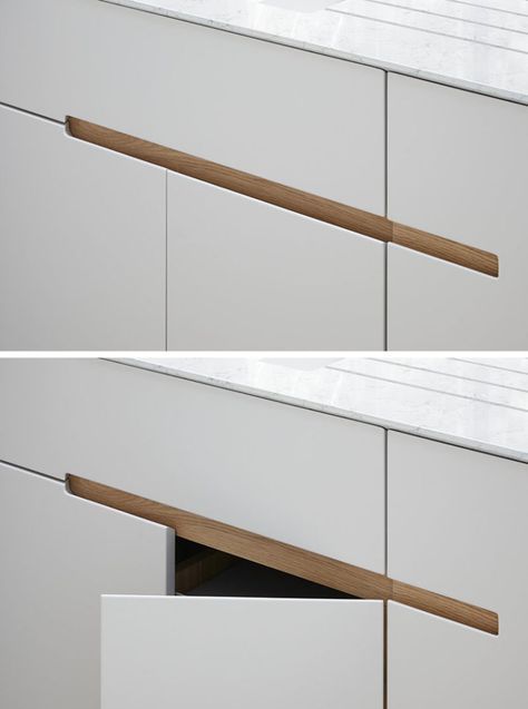 No Hardware For The Kitchen Cabinets In This London Home // This kitchen has white melamine cabinets with a recessed finger detail made from European oak, to make it easy to open the drawers and cabinets. Kitchen Cabinet Interior, Melamine Cabinets, Best Kitchen Cabinets, Oak Kitchen Cabinets, Open Cabinets, Wood Kitchen Cabinets, Oak Kitchen, Kitchen Cabinet Handles, Kitchen Cabinet Colors