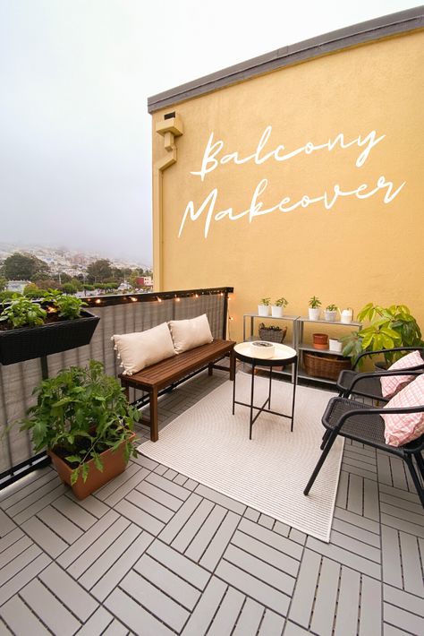 Using Ikea Runnen deck tiles, a privacy screen, some outdoor lights, and plants! Ikea Balcony Tiles, Ikea Tiles Outdoor, Balcony Deck Tiles, Ikea Decking Ideas, Ikea Runnen Decking Ideas, Runnen Ikea Balkon, Ikea Decking Tiles, Balcony Tiles Ideas Outdoor, Ikea Runnen Ideas