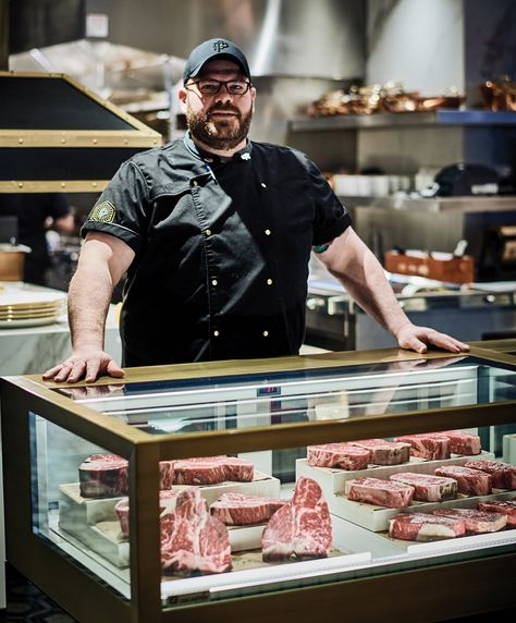 Prime + Proper's Executive Butcher, Walter Apfelbaum Butcher Photoshoot, Butcher Set Up, Butcher Photography, Butcher Restaurant, Butcher Guide Poster, Meat Market Butcher Shop, Butcher's Cut, Meat Restaurant, Custom Railing