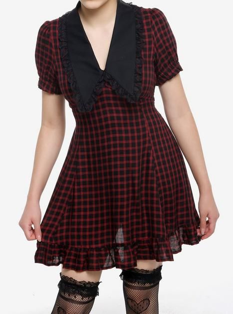 Sweet Society Red & Black Checkered Bib Collar Mini Dress | Hot Topic Collar Mini Dress, Mini Dress Hot, Emily The Strange, Bib Collar, Blue Beetle, Black Checkered, Felix The Cats, Dazed And Confused, Halloween Horror Nights