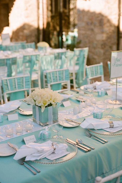 tiffany blue wedding decorations for wedding reception with tulips in the box christine johnson photography Tiffany Blue Wedding Decorations, Tiffany Blue Wedding Theme, Tiffany Birthday, Tiffany Blue Weddings, Tiffany Theme, Tiffany Bridal Shower, Blue Wedding Decorations, Tiffany's Bridal, Tiffany Party