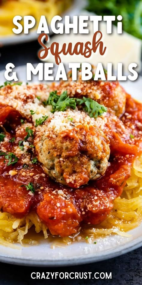 A classic comfort food dinner lightened up and low carb for a delicious dinner! Spaghetti Squash and Meatballs has all of the flavors from traditional spaghetti and meatballs, but lighter and healthier. This is an easy recipe with baked spaghetti squash, frozen meatballs, and your favorite pasta sauce. The only other thing you need is so cheese to go on top. Turkey Meatball Spaghetti, Meatball Dinner Recipes, Frozen Turkey Meatballs, Homemade Turkey Meatballs, Quick Snack Ideas, Spaghetti Squash And Meatballs, Meatballs Dinner, Traditional Spaghetti, Easy Pasta Sauce