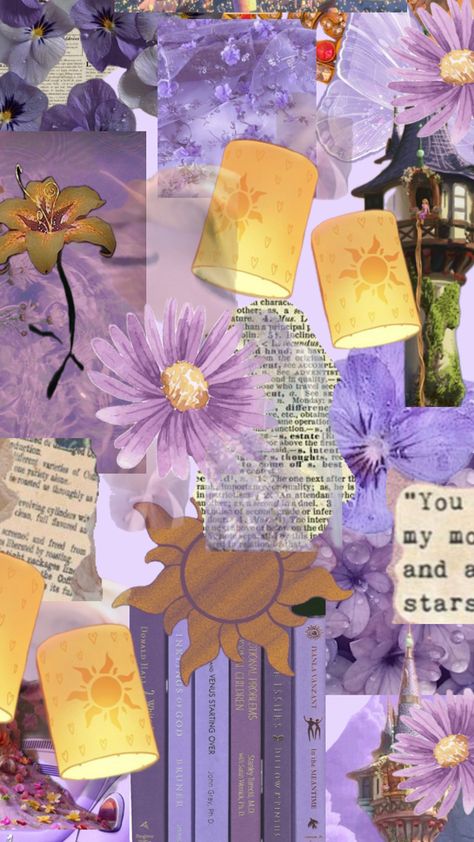 Phone Wallpaper Disney Aesthetic, Tangled Wallpaper Iphone Aesthetic, Disney Princess Collage Wallpaper, Literally Me Characters Collage, Aesthetic Disney Princess Pictures, Disney Princess Aesthetic Wallpaper, Tangled Collage, Wallpaper Rapunzel, Rapunzel Purple