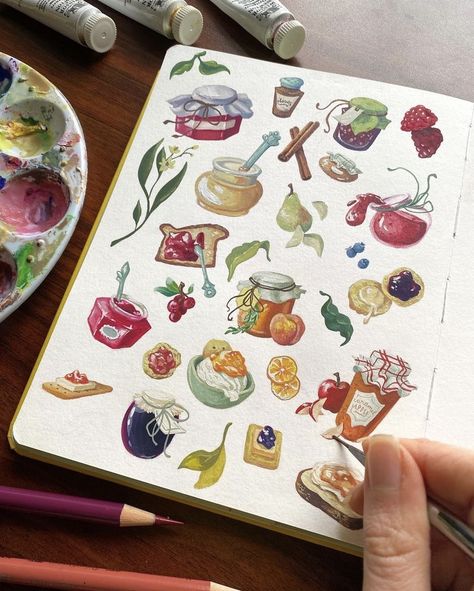 Gauche Sketchbook, Kida Disney, Mixed Media Sketchbook, Color Pencil Illustration, Food Illustration Art, Gouache Illustrations, Artist Sketchbook, Gouache Art, Art Journal Techniques