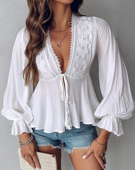 Wear white for as long as you want 🛒LZR14374O 💰$19.99 Fashion Tops Blouse Style, Lantern Sleeve Top, White Blouse Top, Womens Lace Tops, Lace Blouse Long Sleeve, Lantern Sleeved Blouses, Áo Len Cardigan, Fashion Tops Blouse, Tops Long Sleeve