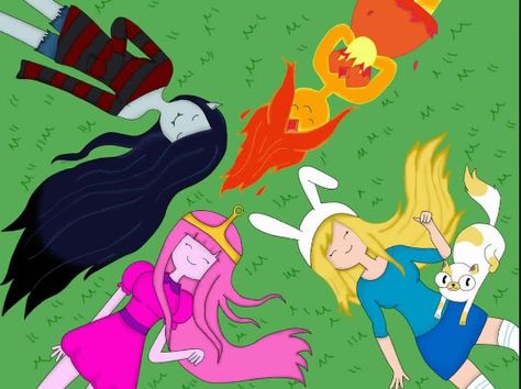 Adventure Time - Marceline, Princess Bubblegum, Flame Princess, Fiona, & Cake Marceline Princess Bubblegum, Anime Couples Cuddling, Adventure Time Flame Princess, Adventure Time Princesses, Marceline And Princess Bubblegum, Childhood Cartoons, Marceline And Bubblegum, Princess Fiona, Adventure Time Girls