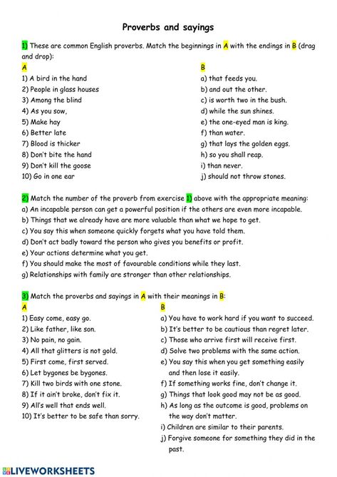 Proverbs and sayings, adages worksheet Adages And Proverbs, Primary School Ideas, Fifth Grade Writing, Proverbs English, Worksheets For Grade 3, Activity Worksheet, Teaching Vocabulary, Social Skills Activities, Language Worksheets