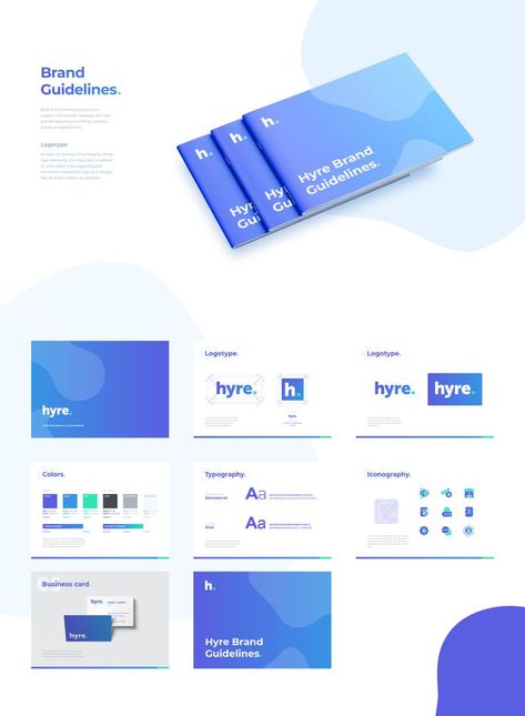 BRanding guidelines for Hyre, showing logo design usage guidelines, color palette, typography guidelines, icon pack design and business cards. Service Guide Design, Brand Identity Elements, Brandguides Design, Brand Graphic Elements, Branding Guidelines Design, Brand Identity Design Style Guides, Healthcare Color Palette, Brand Guide Design, Ui Color Palette