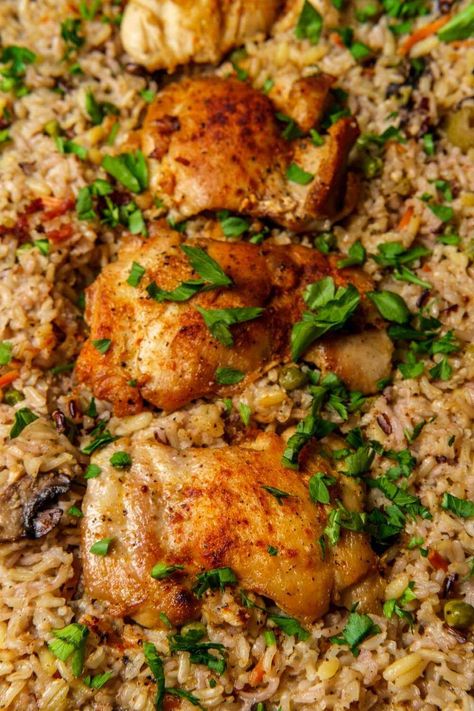 Campbells Chicken And Rice, Lemon Garlic Orzo, Chicken Thigh Casserole, Chicken Casserole Dishes, Garlic Orzo, Ina Garten Chicken, Skillet Chicken Thighs, Chicken Thigh Seasoning, Wild Rice Casserole