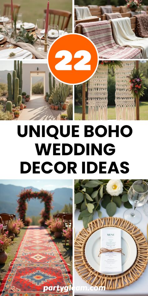 22 unique boho wedding decor ideas you'll love! From plush bohemian rugs as aisle runners to beautifully minimalist desert-themed decorations, we've got it all. Make your wedding special with charming elements like macrame ceremony altar designs, elegant rattan place settings, and cozy blanket accents for the ceremony. Each idea brings a distinct smell of boho charm to your big day. Elevate your wedding vibe and create unforgettable memories with these inspiring ideas that blend elegance and laid-back style perfectly! Boho Wedding Ceremony Arch, Boho Wedding Table Decorations, Boho Wedding Decor Ideas, Backyard Boho Wedding, Minimalist Boho Wedding, Desert Wedding Ideas, Outdoor Boho Wedding, Sunflower Wedding Centerpieces, Bohemian Wedding Ceremony