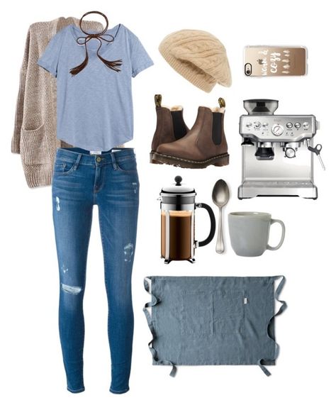 Fall/winter coffee shop employee by maciestockman on Polyvore featuring polyvore, fashion, style, H&M, Frame, Dr. Martens, Sole Society, Casetify, The Linen Works, Sage, Bodum, Juliska and clothing Winter Coffee Shop, Winter Coffee, Loose Cardigan, Blue Tee, Sole Society, Polyvore Fashion, Coffee Shop, H&m, Fall Winter