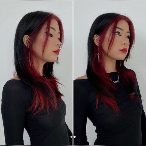 Long Dark Red Hair With Curtain Bangs, Red Hair Color Peekaboo, Black And Natural Red Hair, Black With Blue Peekaboos, Red Hair Black Money Piece, Red Hair Black Underneath, Dark Red Money Piece Hair, Dark Hair With Red Money Piece, Black With Red Underneath Hair