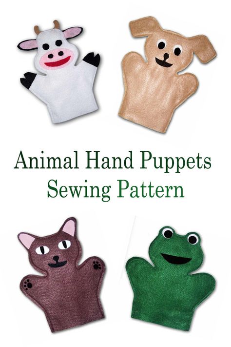 Animal Hand Puppets sewing pattern including 5 puppets - a cow, a bear, a frog, a cat and a puppy. Playing with puppets will help your children develop in so many ways. They are super fun to play with and really fun to make. #SewModernKids #SewingAToy #ToySewingPattern #SewAPuppet #PuppetSewingPattern #KidsSewingPattern #SewingForKids Hand Puppet Patterns Free, Felt Hand Puppets Pattern Free Printable, Hand Puppet Patterns Free Templates, Hand Puppet Sewing Pattern, Frog Hand Puppet, Hand Puppets Diy, Diy Hand Puppets, Hand Puppets Pattern, Hand Puppets For Kids