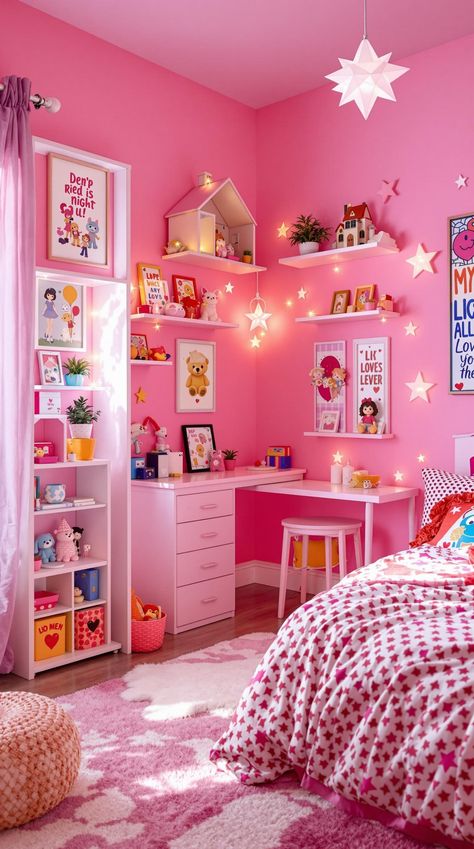 Pink Bedroom Ideas Barbie Themed Bedroom Ideas, Pink Theme Room Bedroom Ideas, Funky Bedroom Inspirations, Barbie Room Ideas Bedrooms, Barbie Themed Room, Girly Room Ideas, Pink Room Ideas, Eclectic Boho Bedroom, Barbie Room Decor