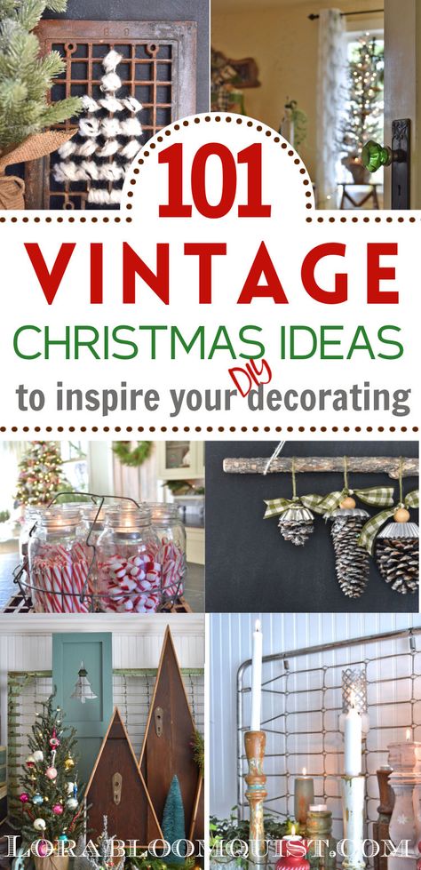 Repurposed vintage decorating ideas to DIY for Christmas including  upcycled old doors, spindles and vintage kitchen items. Antique Christmas Crafts, Vintage Christmas Diy Crafts, Vintage Diy Christmas Decor, Diy Retro Christmas Decor, Vintage Christmas Crafts Diy, Upcycle Christmas Decorations, Vintage Christmas Ideas, Cozy Vintage Christmas, Vintage Repurposed Items