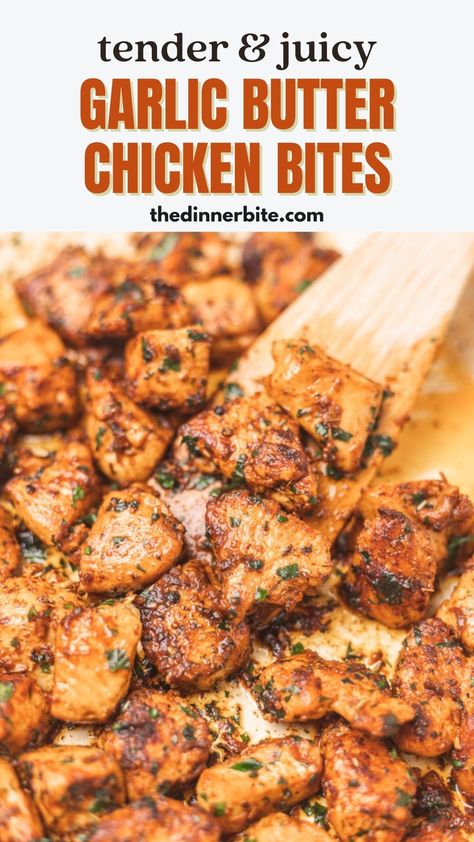 Discover the secret to tender and juicy Garlic Butter Chicken Bites that will leave your taste buds craving more! These mouth-watering bites are perfect for parties, family dinners, or even a cozy night in. Click here and learn how to make this scrumptious dish that will quickly become a family favorite! Good Easy Chicken Recipes, Recipes With Chicken Bites, How To Cook Cubed Chicken, Chicken Bites Instant Pot, Chicken Bites And Potatoes Recipes, Chicken Tender Bites Recipes, Simple Quick Chicken Recipes, Minimal Ingredient Chicken Recipes, How To Cook Diced Chicken