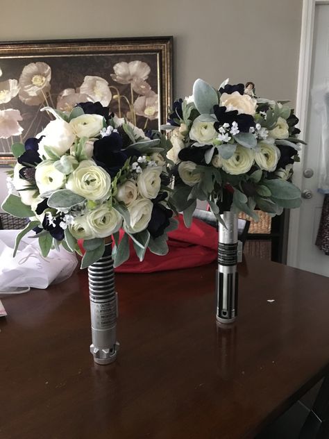 Lightsaber Wedding Bouquet, Starwars Bouquet, Star Wars Wedding Flowers, Star Wars Wedding Bouquet, Star Wars Bouquet, Lightsaber Bouquet, Sith Wedding, Cemetry Gates, Wedding Goblets