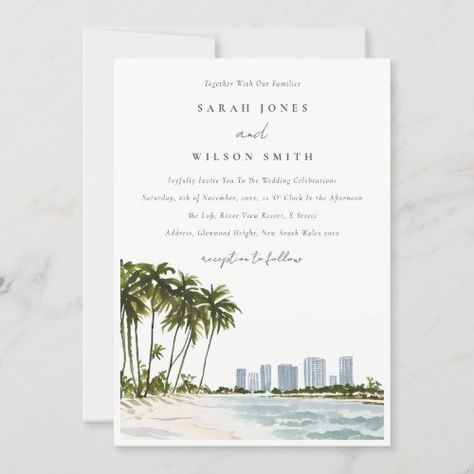 $2.95 | Miami Florida Watercolor Palm Landscape Wedding - palm beach, miami florida, destination wedding, watercolor seascape, coastal nautical, sand sea water summer, city skyline high rise buildings, modern elegant, simple minimal, romantic whimsical Cancun Mexico Beaches, Florida Watercolor, Beach Bridal Shower Invitations, Landscape Wedding, Florida Palm Trees, Beach Bridal Showers, Beach Weekend, Palm Trees Beach, Wedding Anniversary Invitations