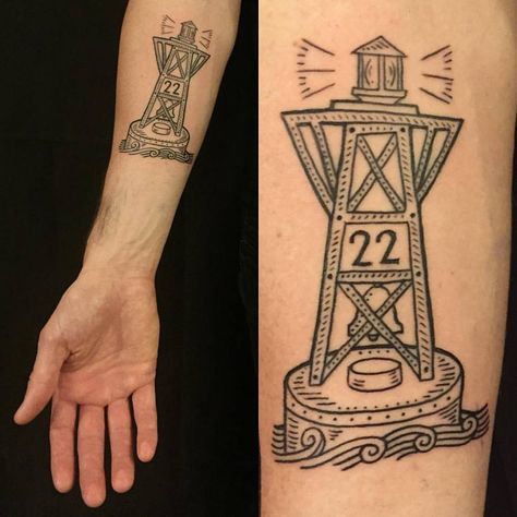 Duke Riley tattoo. Red 22 is the buoy closest to Bay Ridge Brooklyn in New York Harbor. Creepy Lighthouse Tattoo, Harbor Tattoo, Buoy Tattoo, Riley Tattoo, Duke Riley, Bay Ridge Brooklyn, Navy Tattoos, Brooklyn Tattoo, Nautical Artwork