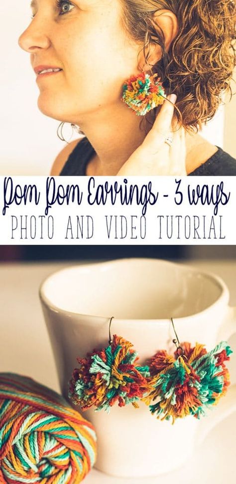 Make your own Pom Pom Earrings tutorial. Make yarn earrings three ways with video from Life Sew Savory How To Make Yarn Earrings, Diy Yarn Earrings, Yarn Earrings, Inspiration Crafts, Pom Earrings, Earrings Tutorial, How To Make A Pom Pom, Diy Pom Pom, Pom Pom Earrings