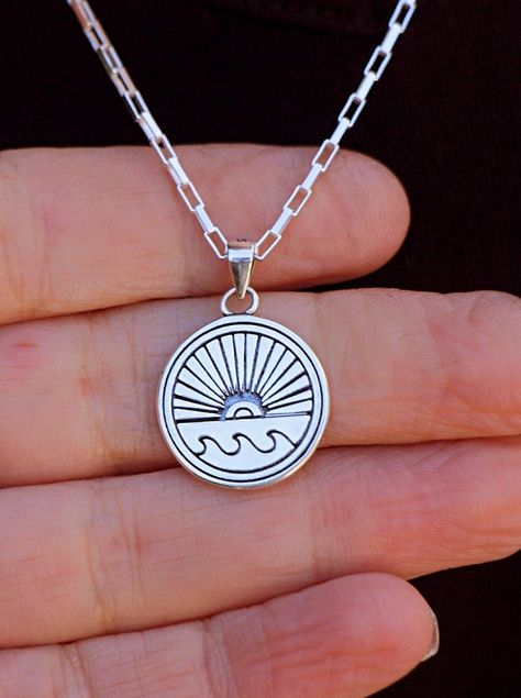 Silver Sun Wave Necklace, Surfer Necklace, Sunrise Sunset Surf Pendant, Sea Wave Necklace, Sea Ocean Beach Lover Women Men Surfing Jewelry Ocean Themed Gifts, Surfing Jewelry, Ender Man, Surfer Men, Summer Pendant, Surfboard Decor, Surf Jewelry, Sunset Surf, Wave Necklace